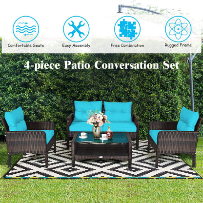 Tangkula 4 Piece Patio Furniture Set, Outdoor Wicker Conversation Set with Glass Top Coffee Table - HW68637BTU+