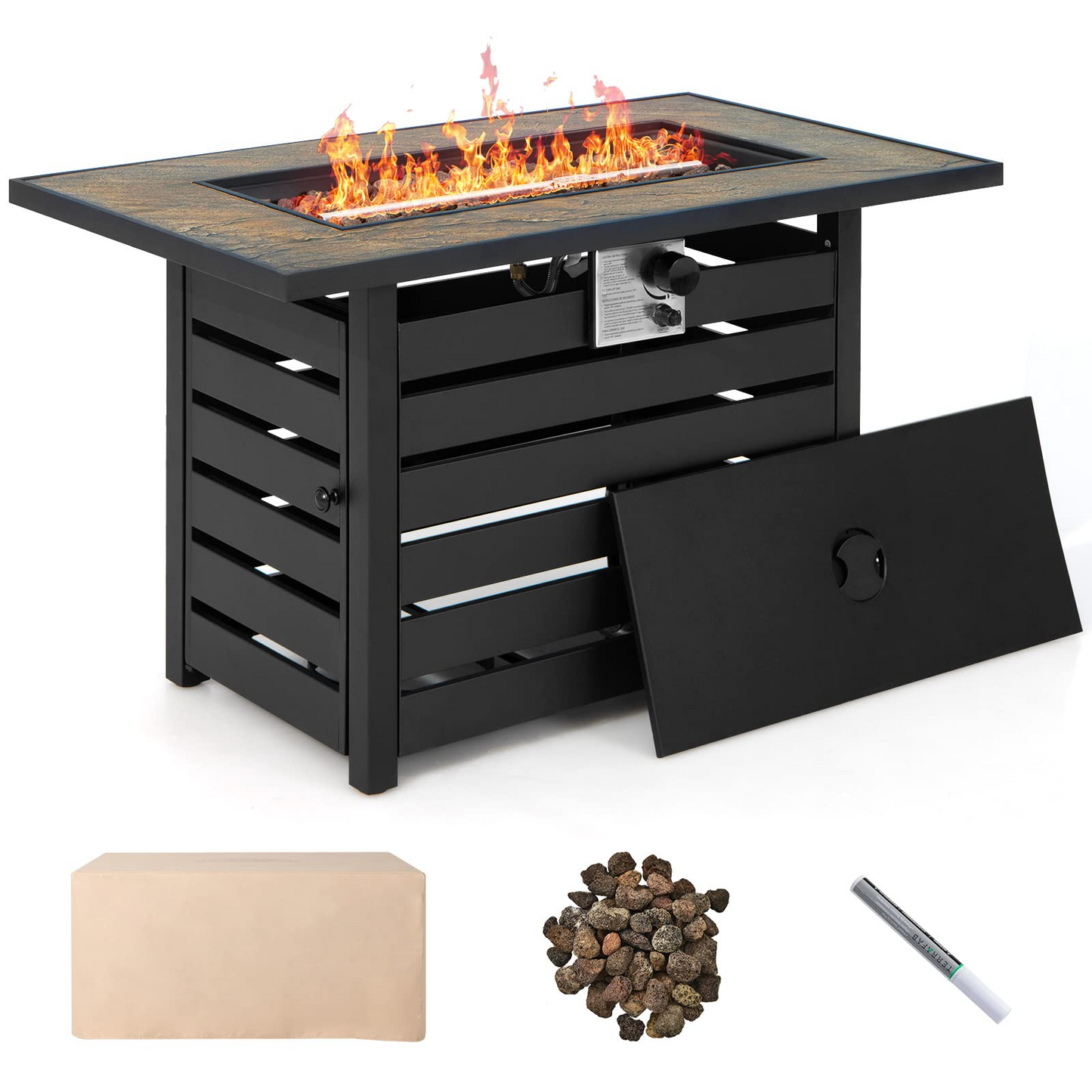 Tangkula 6-Piece Patio Furniture Set with 42 Inches Propane Fire Pit Table - NP10461+HW68691BDK+