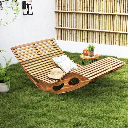 Tangkula Outdoor Double Chaise Lounge Chair, Acacia Wood Rocking Sunbed with Slatted Backrest and Seat - NP12023