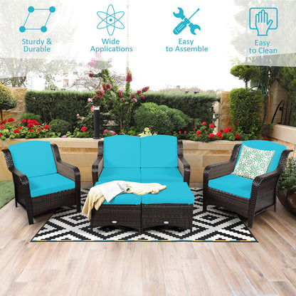 Tangkula 5 Pieces Patio Furniture Set, Outdoor Rattan Conversation Sofa Set with Loveseat - HW67702TU+