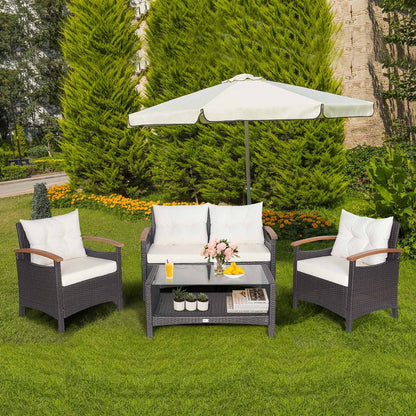 Tangkula 4 Piece Patio Rattan Conversation Set, Outdoor Wicker Sofa Set W/2-Layer Coffee Table - HW69469WH+