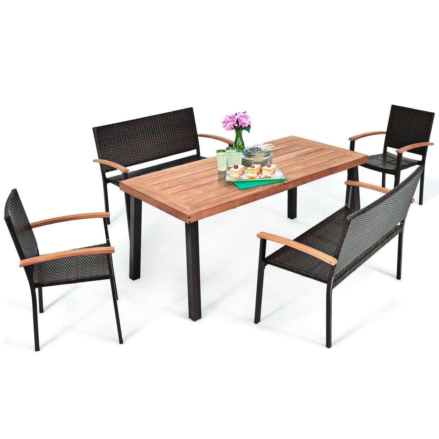 Tangkula 5 Pieces Wicker Patio Dining Set, Patiojoy Outdoor Rattan Backyard Porch Garden Dining Set - HW66354+2*OP70702+OP70689