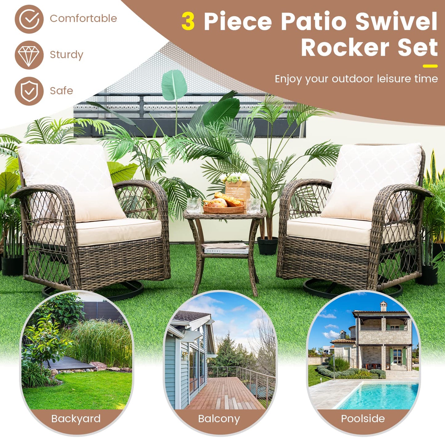 Tangkula 3-Piece Patio Swivel Rocker Set, Wicker Swivel Rocking Chairs - NP10975MS+