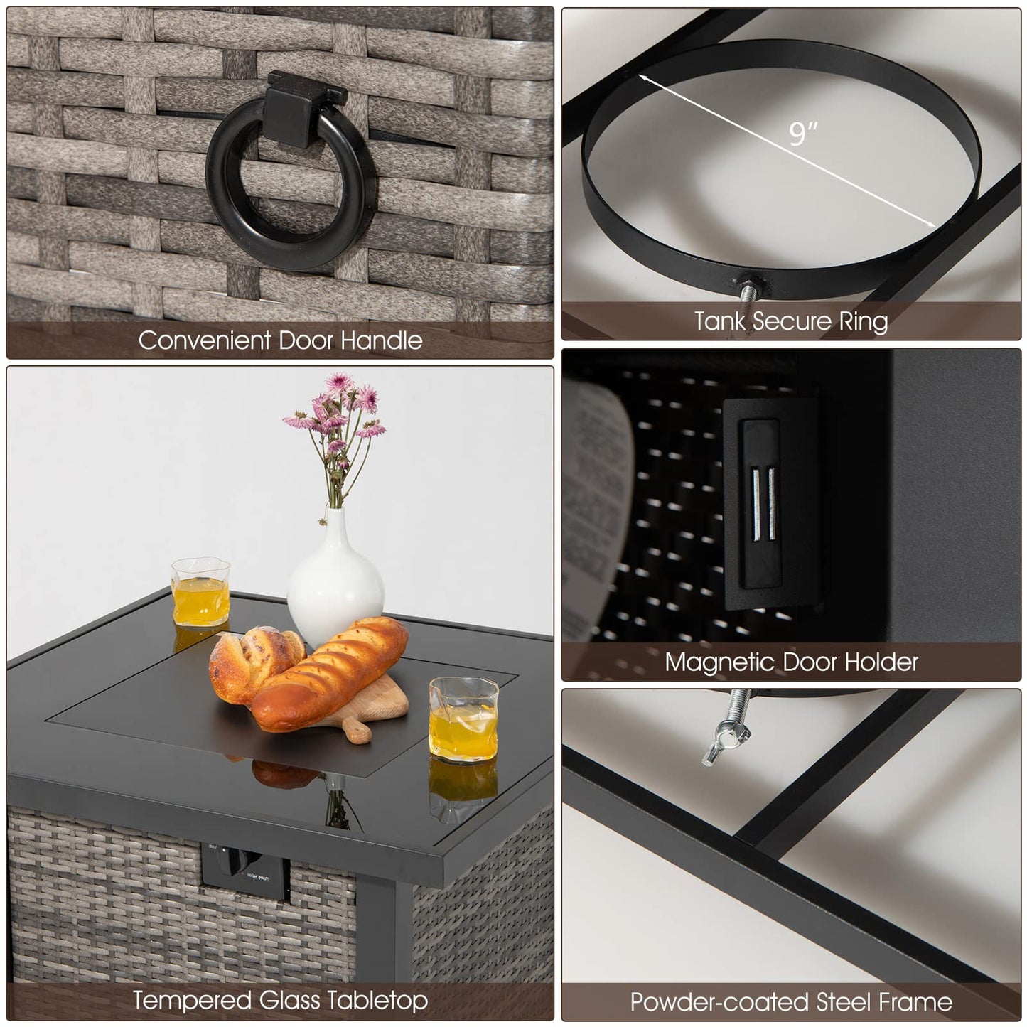 Tangkula 9 Pieces Outdoor Patio Furniture Set with 32-Inch Propane Fire Pit Table - NP10618GR+HW68604DK+