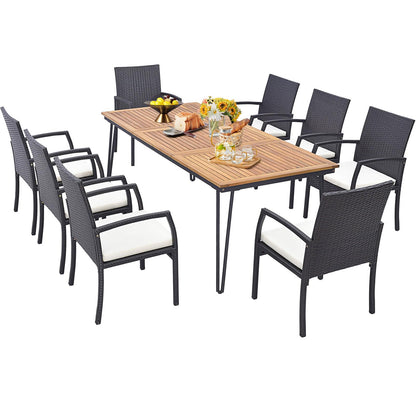 Tangkula 9 Pieces Patio Rattan Dining Set with Acacia Wood Table - HW71588+2*HW70830-4