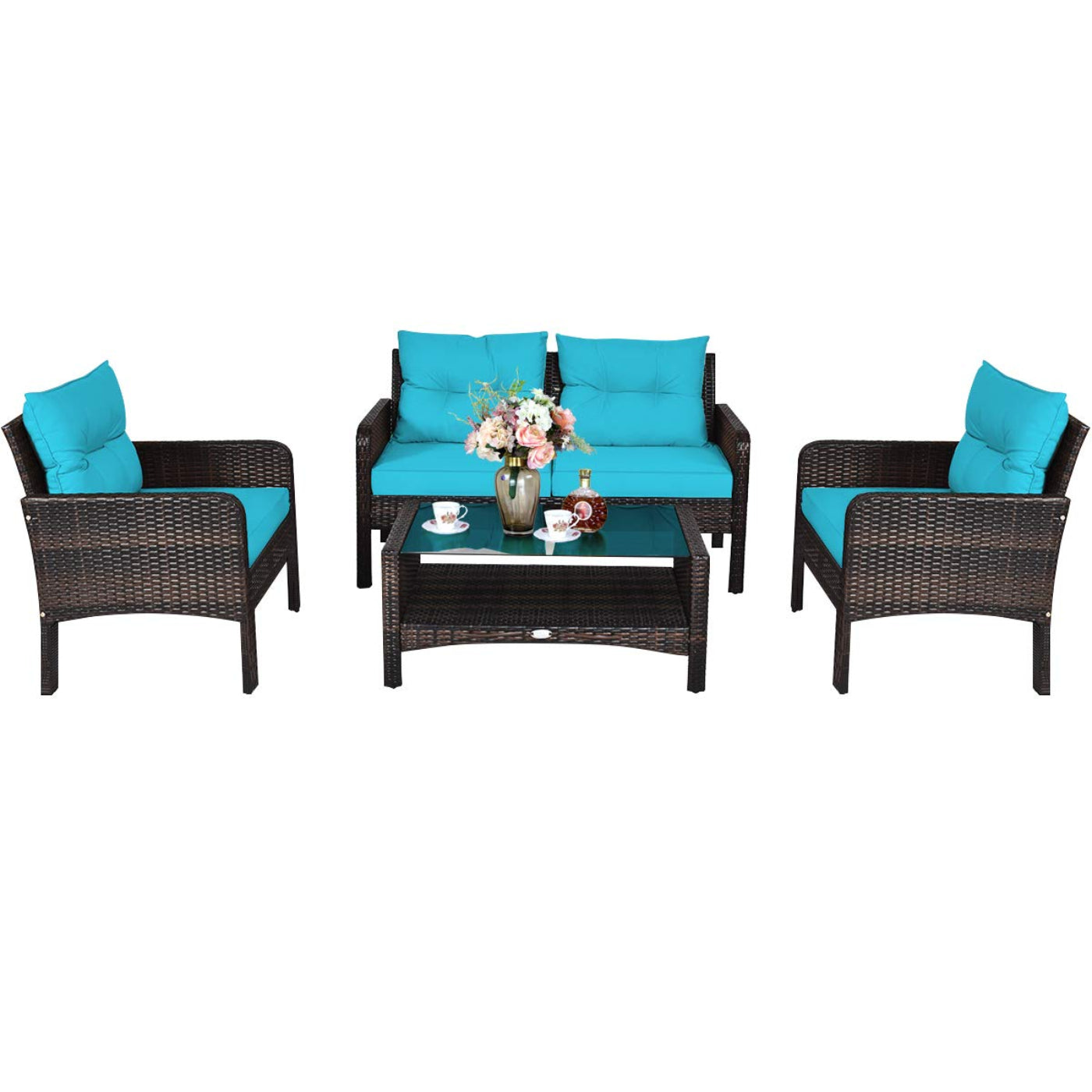 Tangkula 4 Piece Patio Furniture Set, Outdoor Wicker Conversation Set with Glass Top Coffee Table - HW68637BTU+