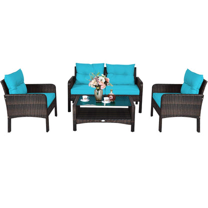 Tangkula 4 Piece Patio Furniture Set, Outdoor Wicker Conversation Set with Glass Top Coffee Table - HW68637BTU+