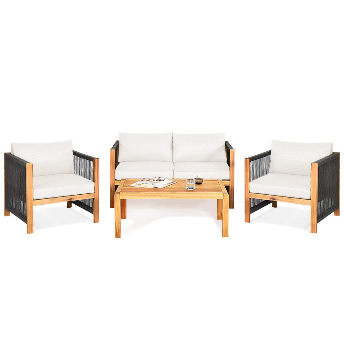 Tangkula Outdoor Wood Furniture Set, Acacia Wood Frame Loveseat Sofa, 2 Single Chairs and Coffee Table - HW63868RE