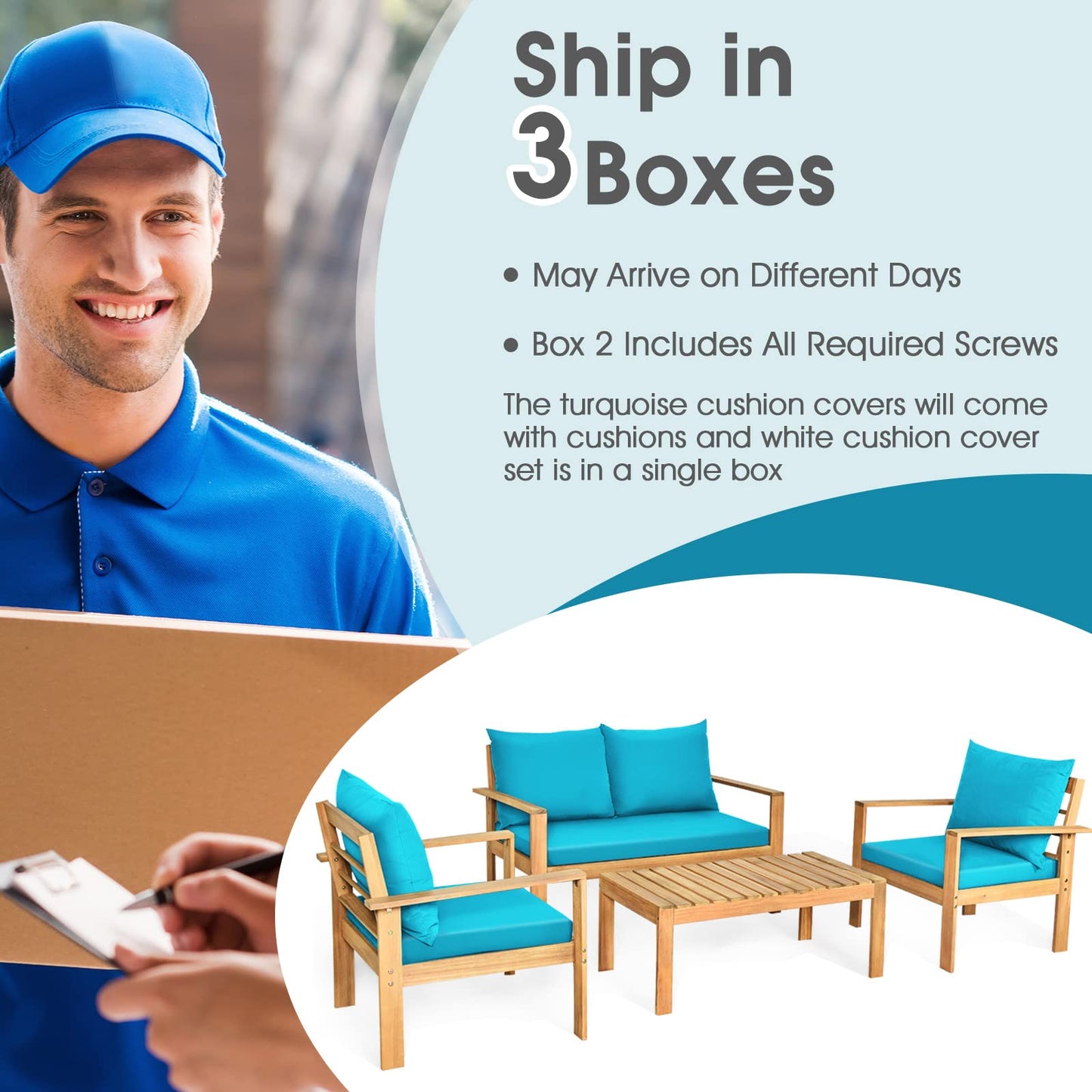 Tangkula Outdoor 4-Piece Acacia Wood Chat Set - HW64146WH-C+HW64146TU+