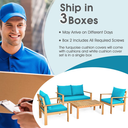 Tangkula Outdoor 4-Piece Acacia Wood Chat Set - HW64146WH-C+HW64146TU+