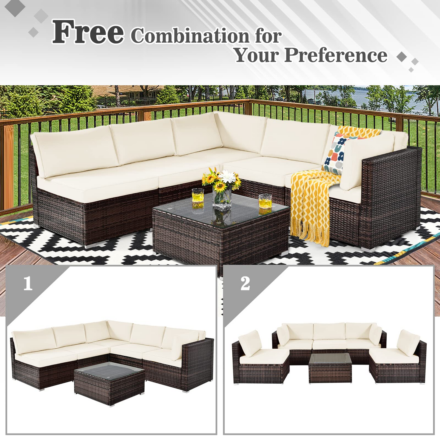 Tangkula 6 Pieces Patio Furniture Set, Outdoor Wicker Conversation Set with Glass Coffee Table - HW67937WH+