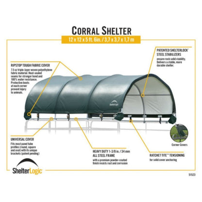 ShelterLogic Corral Shelter Livestock Shade 12' X 12' - 1 3/8" 7.5 oz. Green Cover (Corral panels not included) - 51523