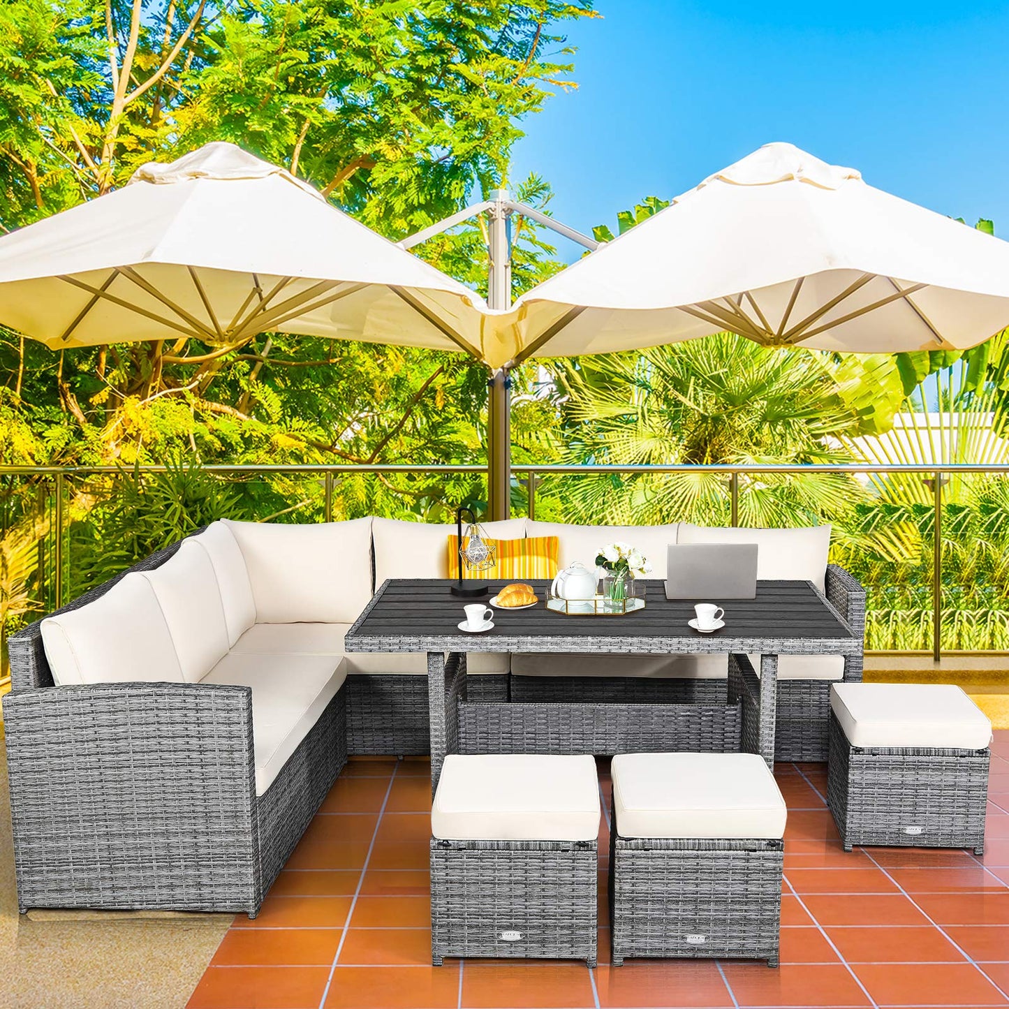 Tangkula 7 Pieces Patio Furniture Set, Outdoor Sectional Rattan Sofa Set with Cushions - HW67190BK+