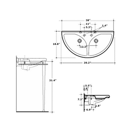 Whitehaus Semi-Circular Double Bowl Console with Leg Support - ECO64-ESU04-WH