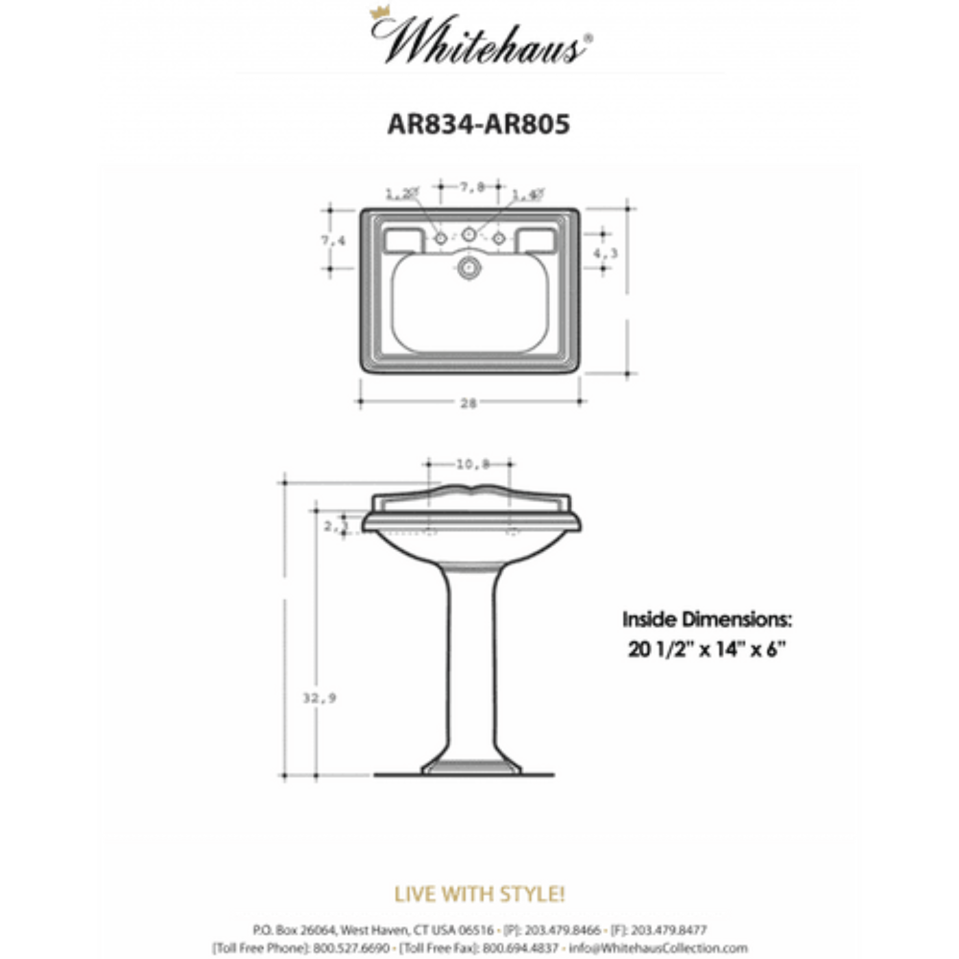 Whitehaus Traditional China Pedestal Sink with an Integrated Oval Bowl - AR834-AR805